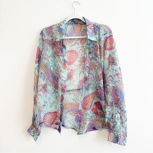 Umgee | Blue Teal Paisley Button Down Chiffon Top Size Medium